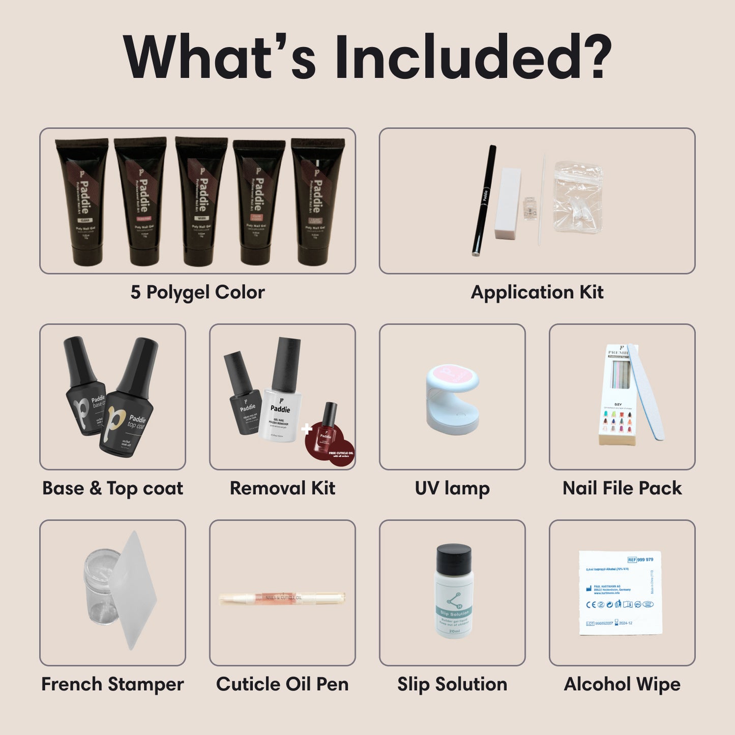 Polygel Intermediate Kit Includes 5 polygel colors, nail clip, 2 nail brush and cuticle pushers, 20 dual forms, slip solution, UV lamp, base & top coat, 6 nail files, wooden stick, alcohol wipe, removal kit, cuticle oil pen, and French nail art stamp.