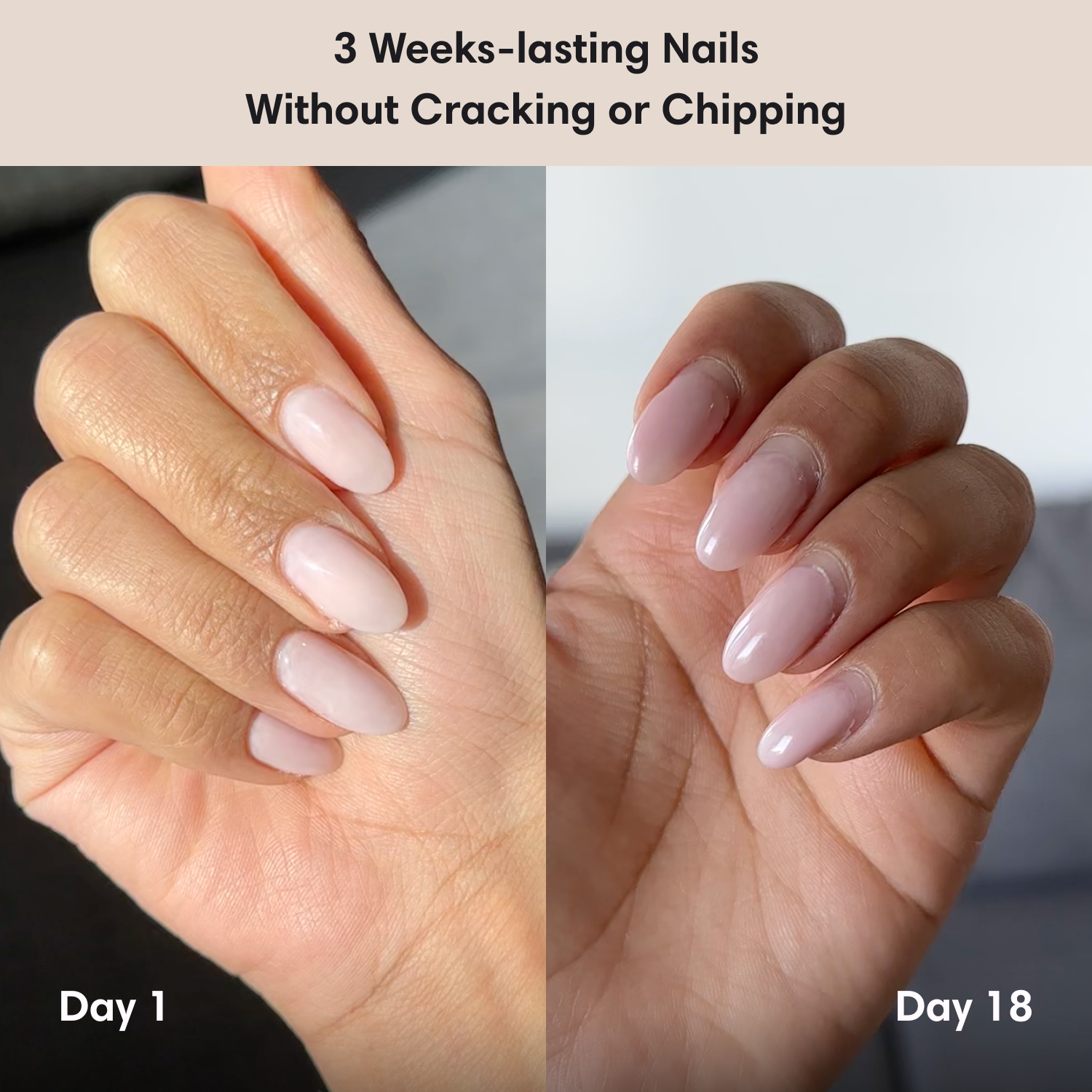 Side-by-side comparison of a nail treated with the polygel starter kit, showcasing day 1 and day 18 results. Text overlay promises long-lasting nails for up to 3 weeks without cracks or chips.
