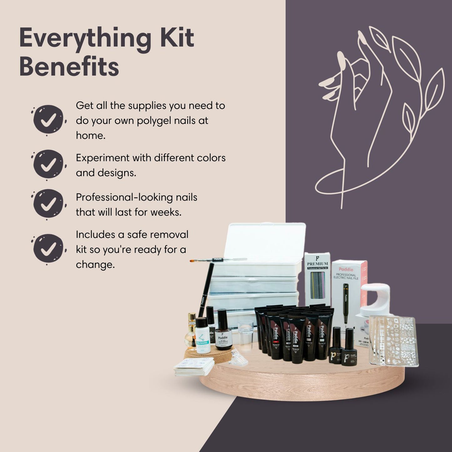 Polygel nail kit for at-home manicures. Includes everything you need for strong, beautiful nails in various colors and designs, plus safe removal tools.