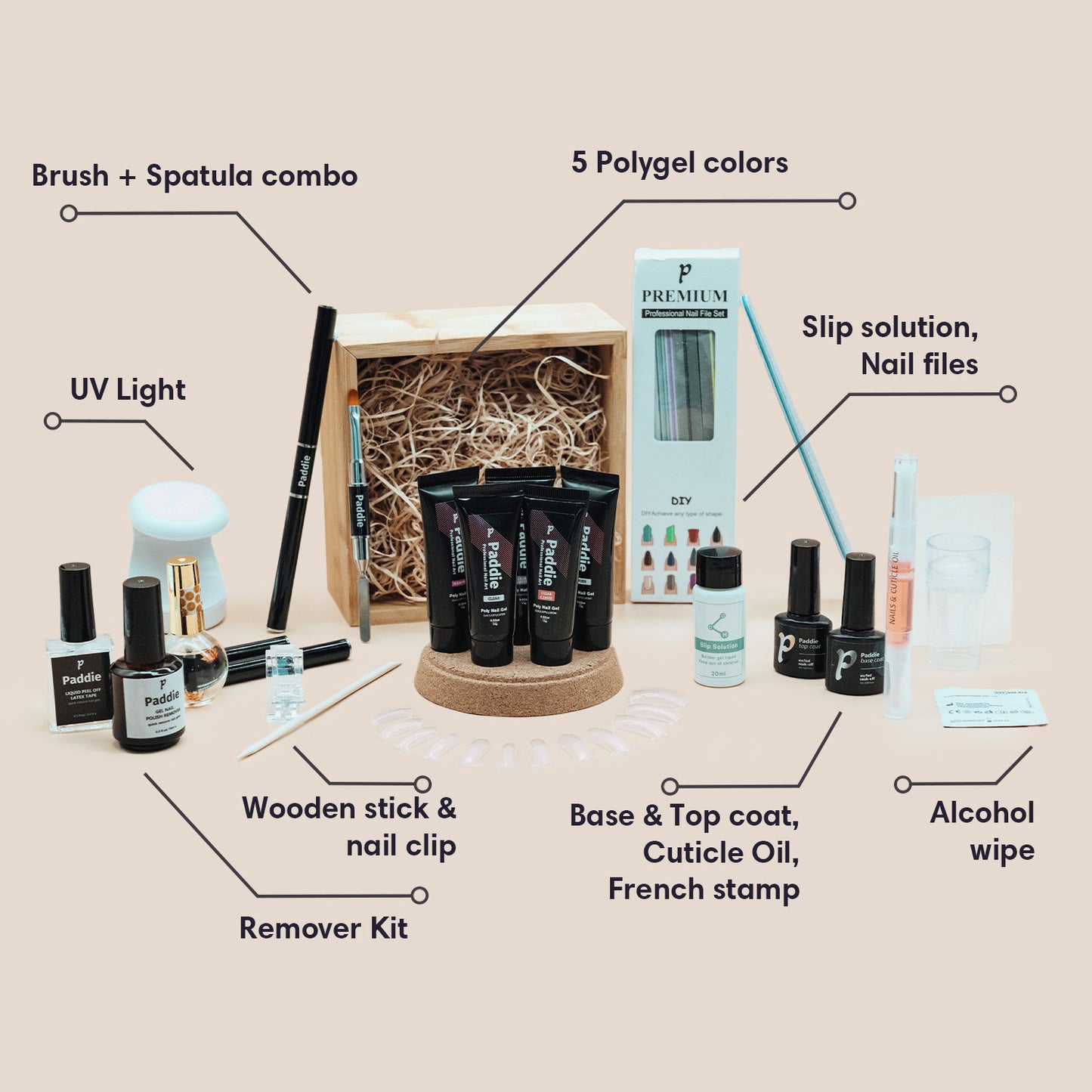 Polygel nail kit for DIY polygel nails. Includes 5 polygel color, nail clip, 2 2in1 nail brush and cuticle pusher combo, 20 dual forms nail tips, slip solution, UV lamp, base & top coat, nail file pack, wooden stick, alcohol wipe, removal kit, cuticle oil pen, and French nail art stamp.