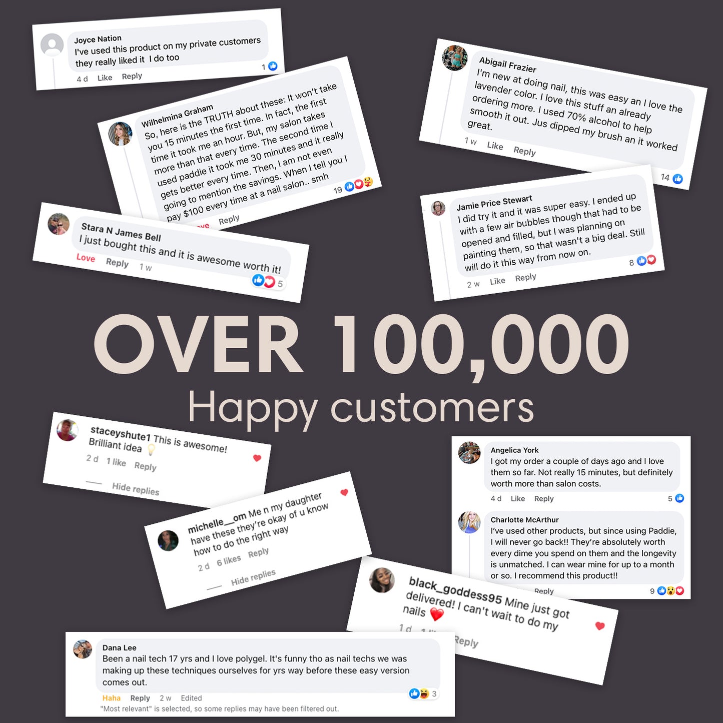 A screenshot of social media posts and comments, showcasing positive experiences with Paddie’s Nail Polygel Intermediate Kit.