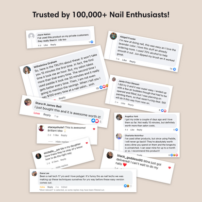 A screenshot of social media posts and comments, showcasing positive experiences with Paddie’s Nail Polygel Starter Kit.