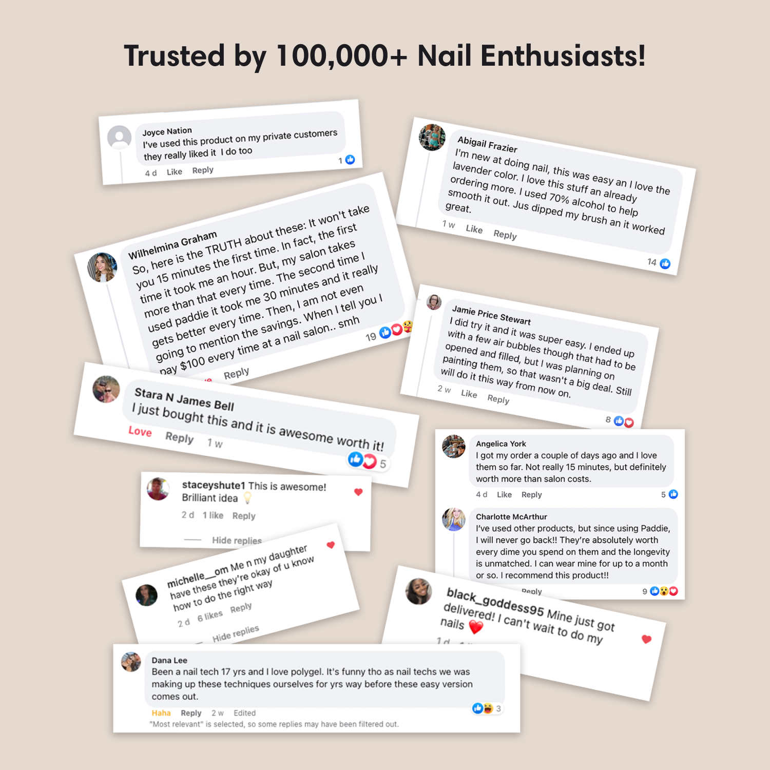 A screenshot of social media posts and comments, showcasing positive experiences with Paddie’s Nail Polygel Starter Kit.