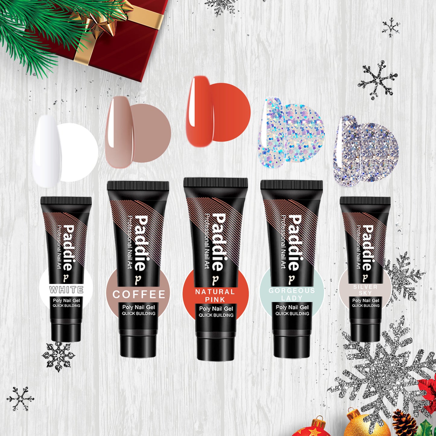 Christmas Kit (5 Colors + Base & Top Coat + UV Light) - Paddie Nails