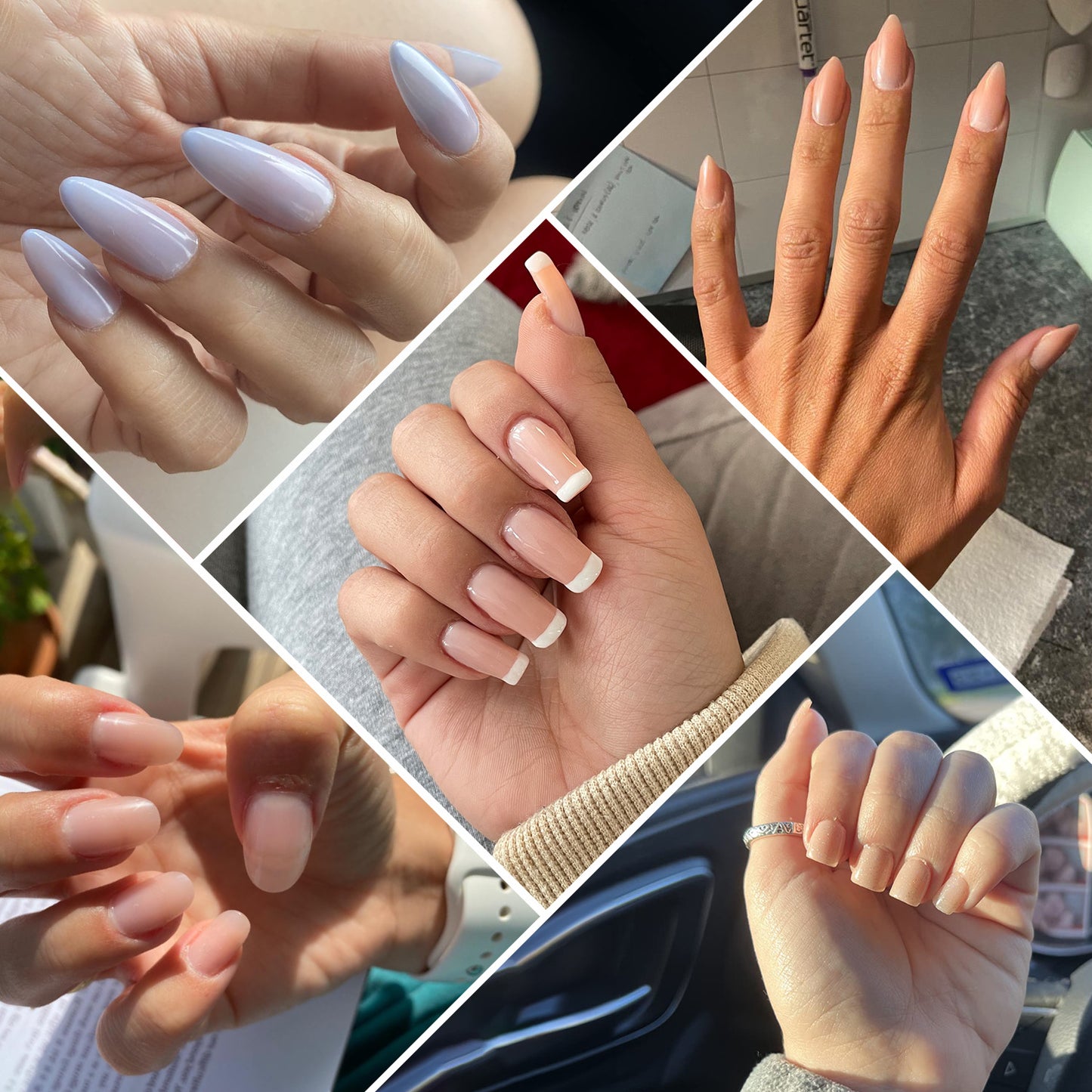 A collage of photos showing people's nails after using Paddie's Nail Polygel. The nails look shiny and polished.