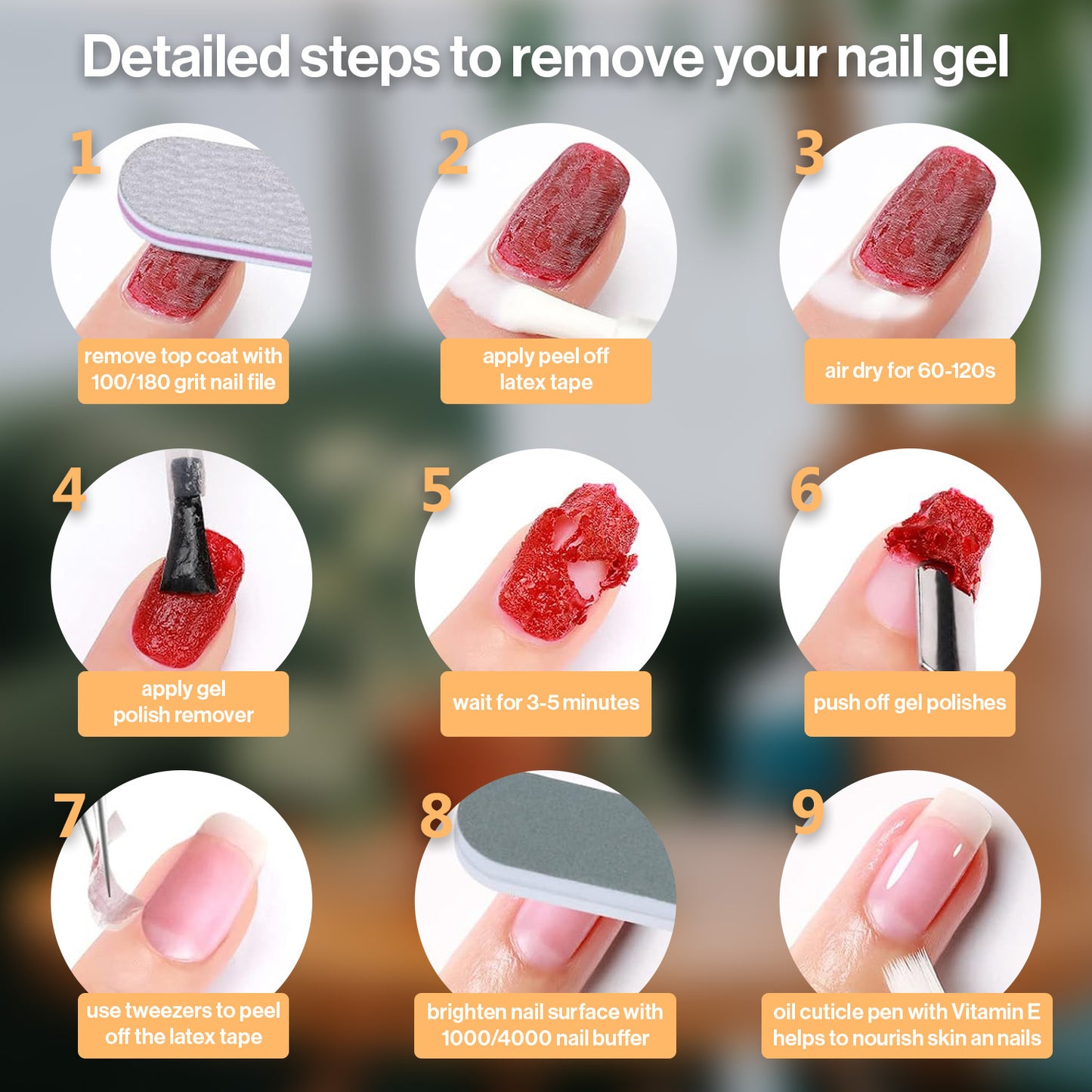 Step-by-step guide to removing polygel at home. Steps include: removing top coat with a nail file, applying peel-off latex tape, air-drying for 60-120 seconds, applying gel polish remover, waiting for 3-5 minutes, pushing off gel polishes, using tweezers to peel off the latex tape, brightening nail surface with a nail buffer, and using cuticle oil to nourish skin and nails.